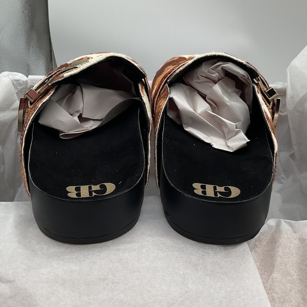 Gianni Bini Cow Print Hair Calf Western Buckle Clogs Mules Brown White 8.5M - Picture 6 of 9